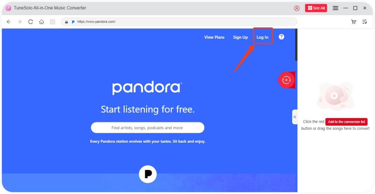 Login and choose Pandora music or playlist