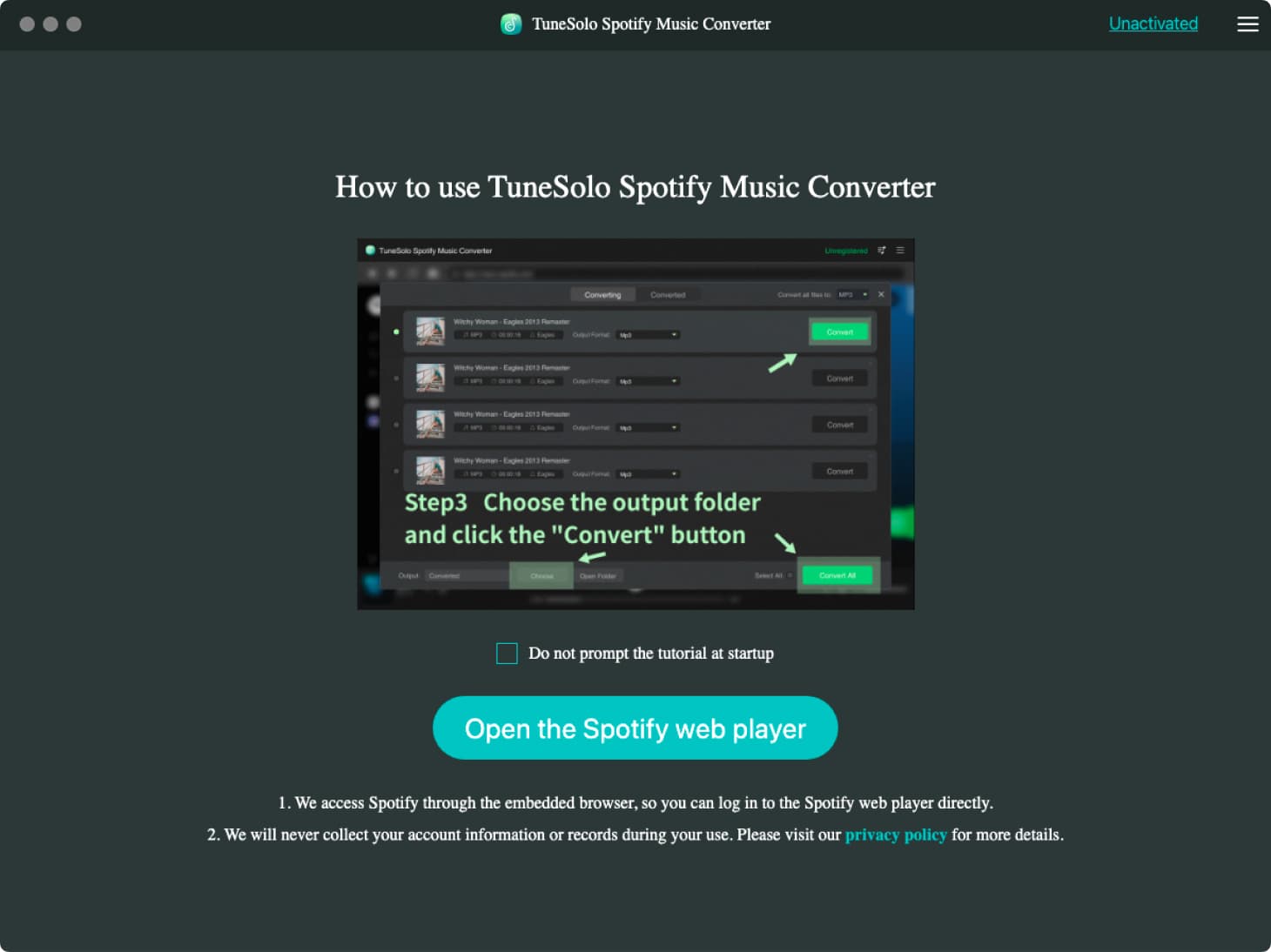Open the Spotify Web Player in Tunesolo