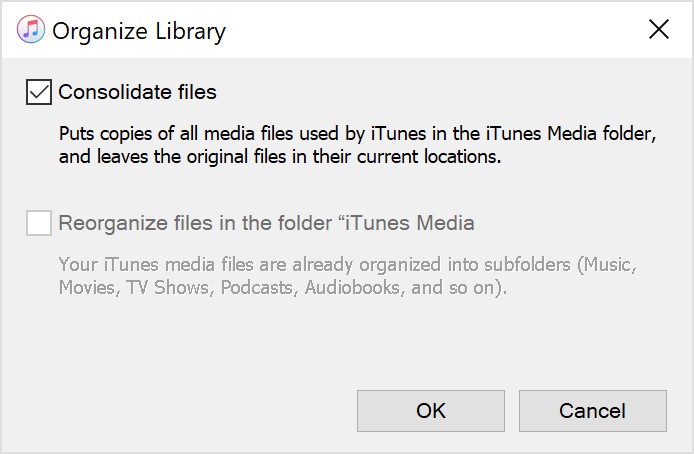 Choose Consolidate Files to Backup iTunes Library