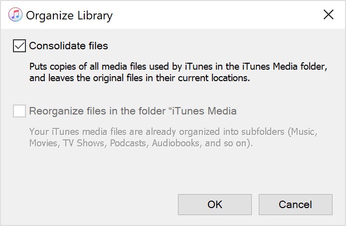 iTunesライブラリをバックアップするためにファイルを統合するを選択してください