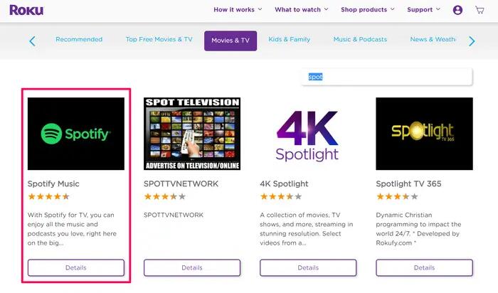 Agregar Spotify a Roku a través de las páginas web de Roku