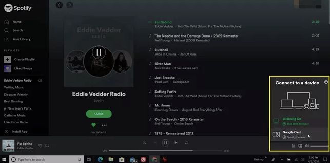 شريط الاحداث Spotify موسيقى لجهاز Chromecast على سطح المكتب